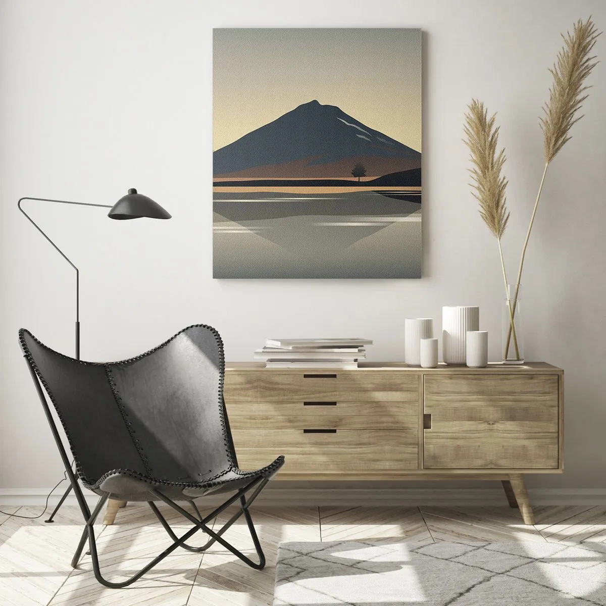 Glasbild - Bild auf glas - Berge und See in warmen Tönen mit reflektierendem Effekt - 50x70cm - Spiegelreflexion - Moderne Wanddekoration für Wohnzimmer und Schlafzimmer ARTTOR