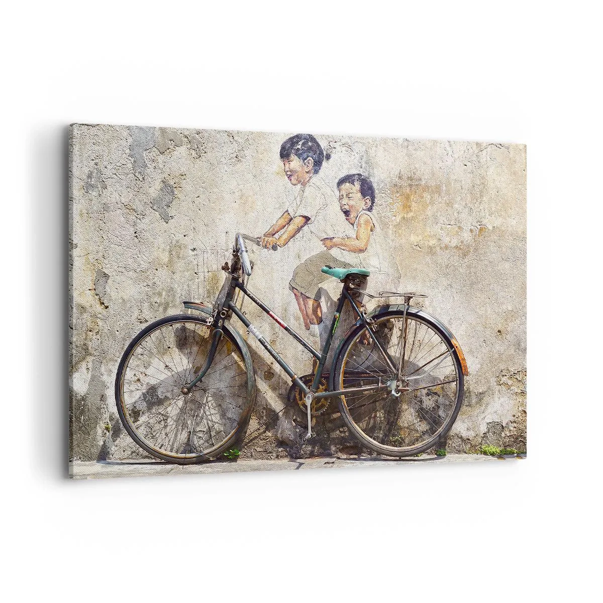 Bild auf Leinwand - Leinwandbild - Streetart mit Fahrrad und Kinderzeichnungen an der Wand - 120x80cm - Richtig oder falsch? - Moderne Wanddekoration für Wohnzimmer und Schlafzimmer ARTTOR