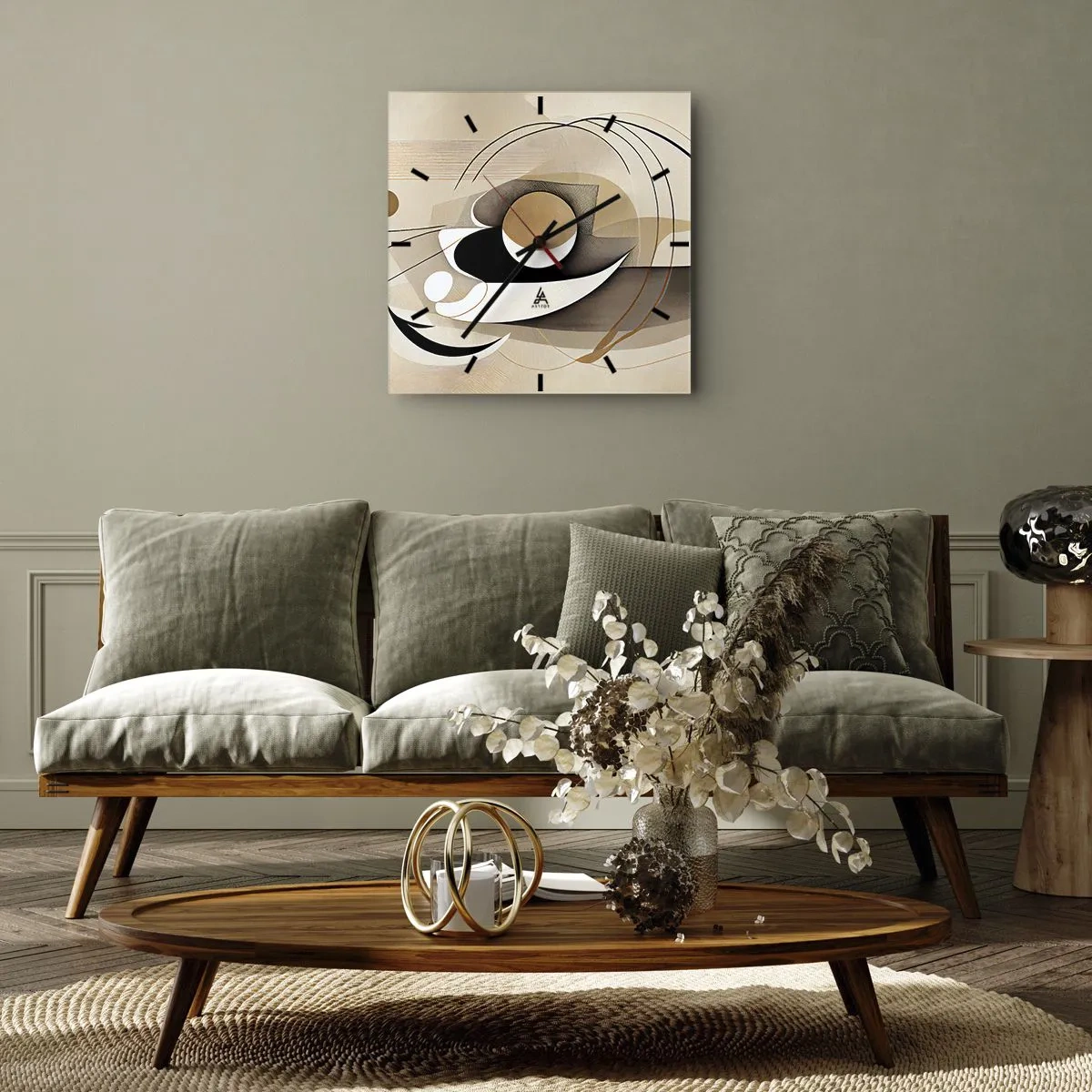 Wanduhr - Glasuhr - Abstrakte Komposition in Beige- und Schwarztönen - 30x30cm - Komposition: die Essenz des Wortes - Moderne Wanddekoration für Wohnzimmer und Schlafzimmer ARTTOR