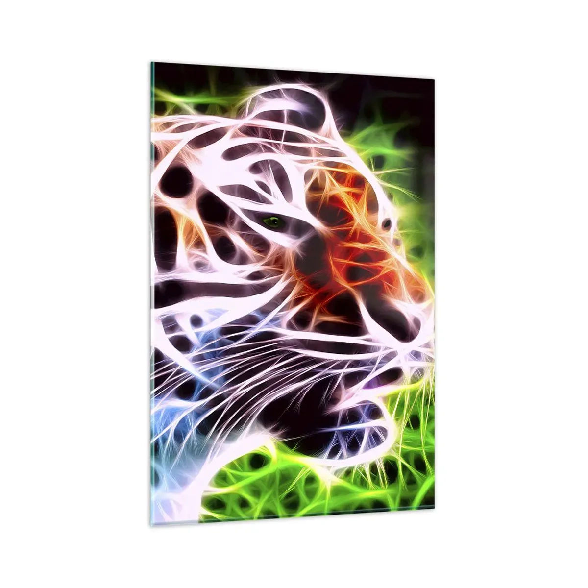 Glasbild - Bild auf glas - Farbenfrohes künstlerisches Porträt eines Tigers im Neonstil auf schwarzem Hintergrund. - 80x120cm - Schreckliche Aura - Moderne Wanddekoration für Wohnzimmer und Schlafzimmer ARTTOR