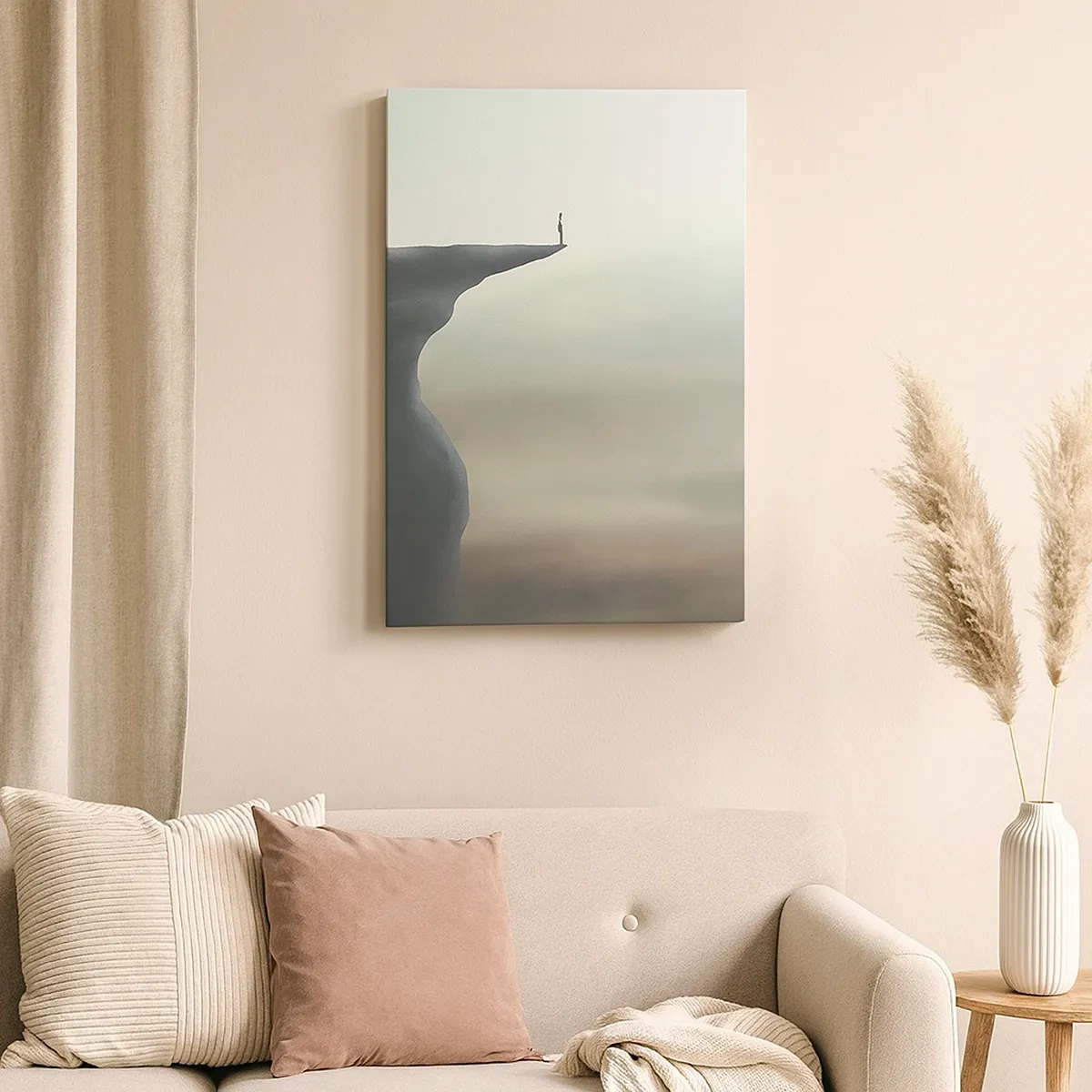 Bild auf Leinwand - Leinwandbild - Silhouette einer Figur am Rand einer Klippe in einer nebligen Landschaft - 50x70cm - Nach oben, natürlich! - Moderne Wanddekoration für Wohnzimmer und Schlafzimmer ARTTOR