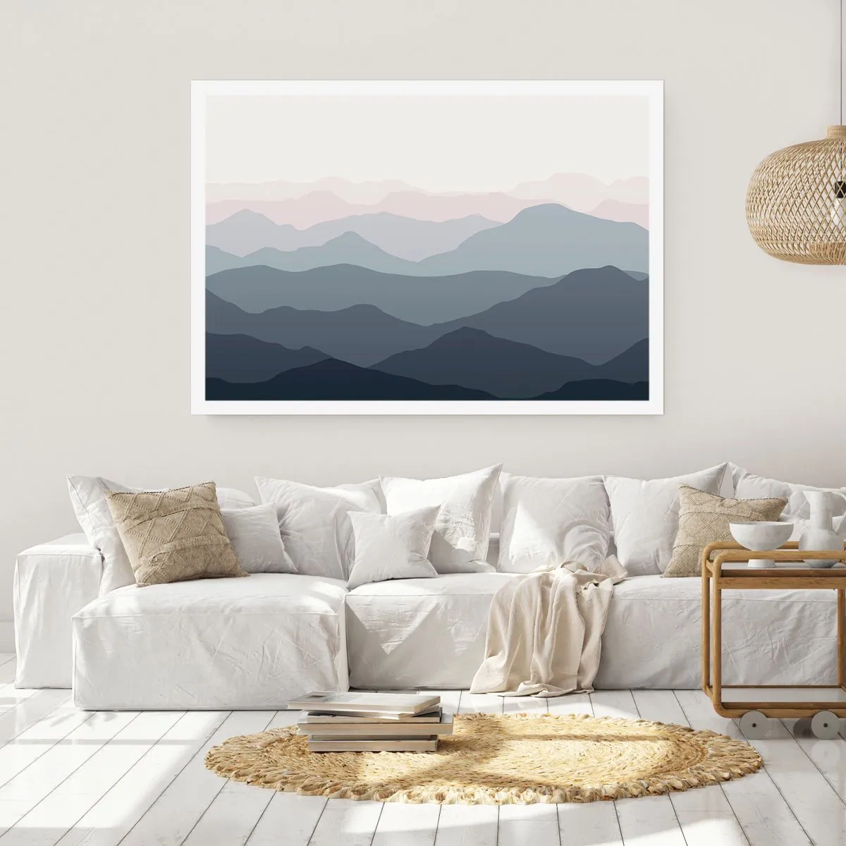 Poster - Dezente Bergschichten in Grau- und Blautönen - 100x70cm - Wellen der Berge - Moderne Wanddekoration für Wohnzimmer und Schlafzimmer ARTTOR
