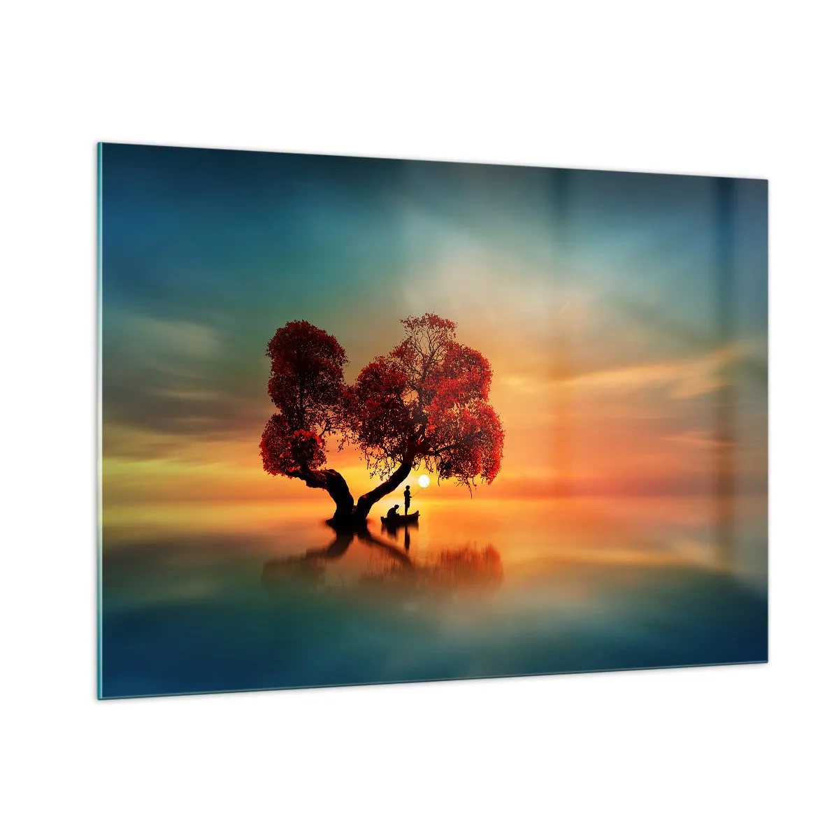 Glasbild - Bild auf glas - Ein Baum mit roten Blättern vor dem Hintergrund des Sonnenuntergangs - 100x70cm - Oddaysons und die Stille der Weltlosen - Moderne Wanddekoration für Wohnzimmer und Schlafzimmer ARTTOR