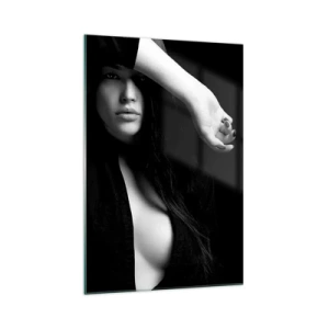 Glasbild - Bild auf glas - Stilvolles Frauenporträt in Schwarz-Weiß - 70x100cm - Schule der Verführung - Moderne Wanddekoration für Wohnzimmer und Schlafzimmer ARTTOR