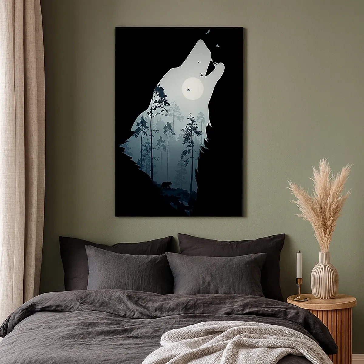 Bild auf Leinwand - Leinwandbild - Silhouette eines Wolfes mit Wald und Mond im Hintergrund - 50x70cm - Die Stimme der Waldnacht - Moderne Wanddekoration für Wohnzimmer und Schlafzimmer ARTTOR