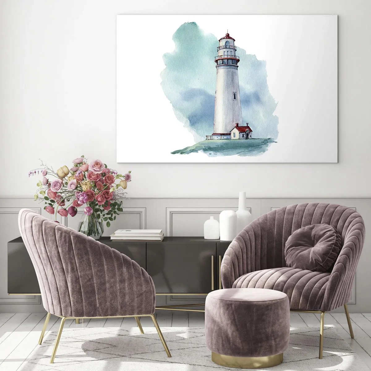 Glasbild - Bild auf glas - Ein Leuchtturm vor einem blauen Aquarellhimmel - 100x70cm - Sanfte Schwester vom Blau - Moderne Wanddekoration für Wohnzimmer und Schlafzimmer ARTTOR