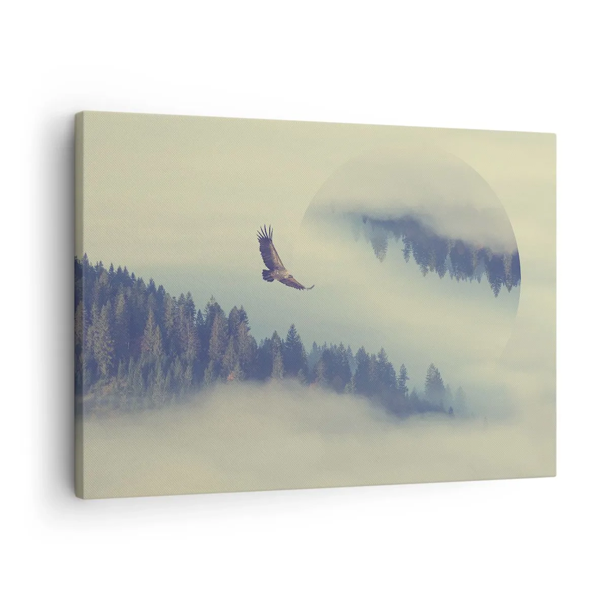 Bild auf Leinwand - Leinwandbild - Ein Adler im Flug vor der Kulisse nebliger Berge mit einem künstlerischen Kreismotiv - 70x50cm - Ich habe den Schatten eines Adlers gesehen - Moderne Wanddekoration für Wohnzimmer und Schlafzimmer ARTTOR