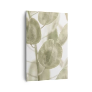 Bild auf Leinwand - Leinwandbild - Ein zartes Gemälde von Blättern in pastellfarbenen Grüntönen auf hellem Hintergrund. - 80x120cm - Am Anfang waren Blätter... - Moderne Wanddekoration für Wohnzimmer und Schlafzimmer ARTTOR