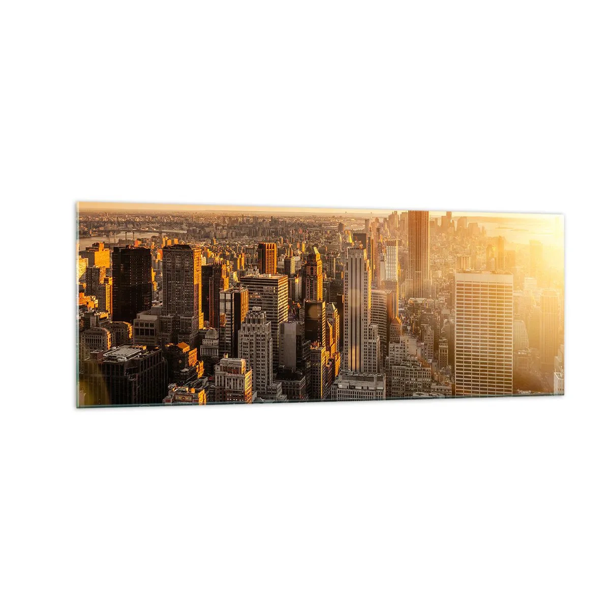 Glasbild - Bild auf glas - Skyline von New York City bei Sonnenuntergang mit Blick auf das Empire State Building - 140x50cm - In der Sonne wachsen - Moderne Wanddekoration für Wohnzimmer und Schlafzimmer ARTTOR