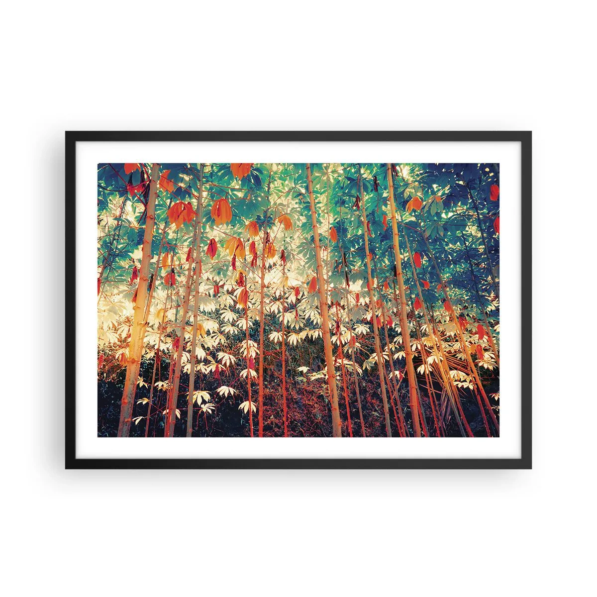 Poster in einem schwarzem Rahmen - Ein bunter Bambuswald mit intensiven Farben - 70x50cm - Das geheime Leben der Blätter - Moderne Wanddekoration für Wohnzimmer und Schlafzimmer ARTTOR