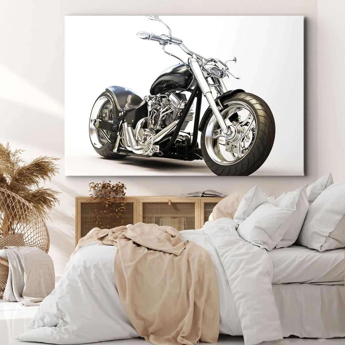 Bild auf Leinwand - Leinwandbild - Stilvolles schwarzes Motorrad auf weißem Hintergrund - 120x80cm - Stärke mit Charakter - Moderne Wanddekoration für Wohnzimmer und Schlafzimmer ARTTOR