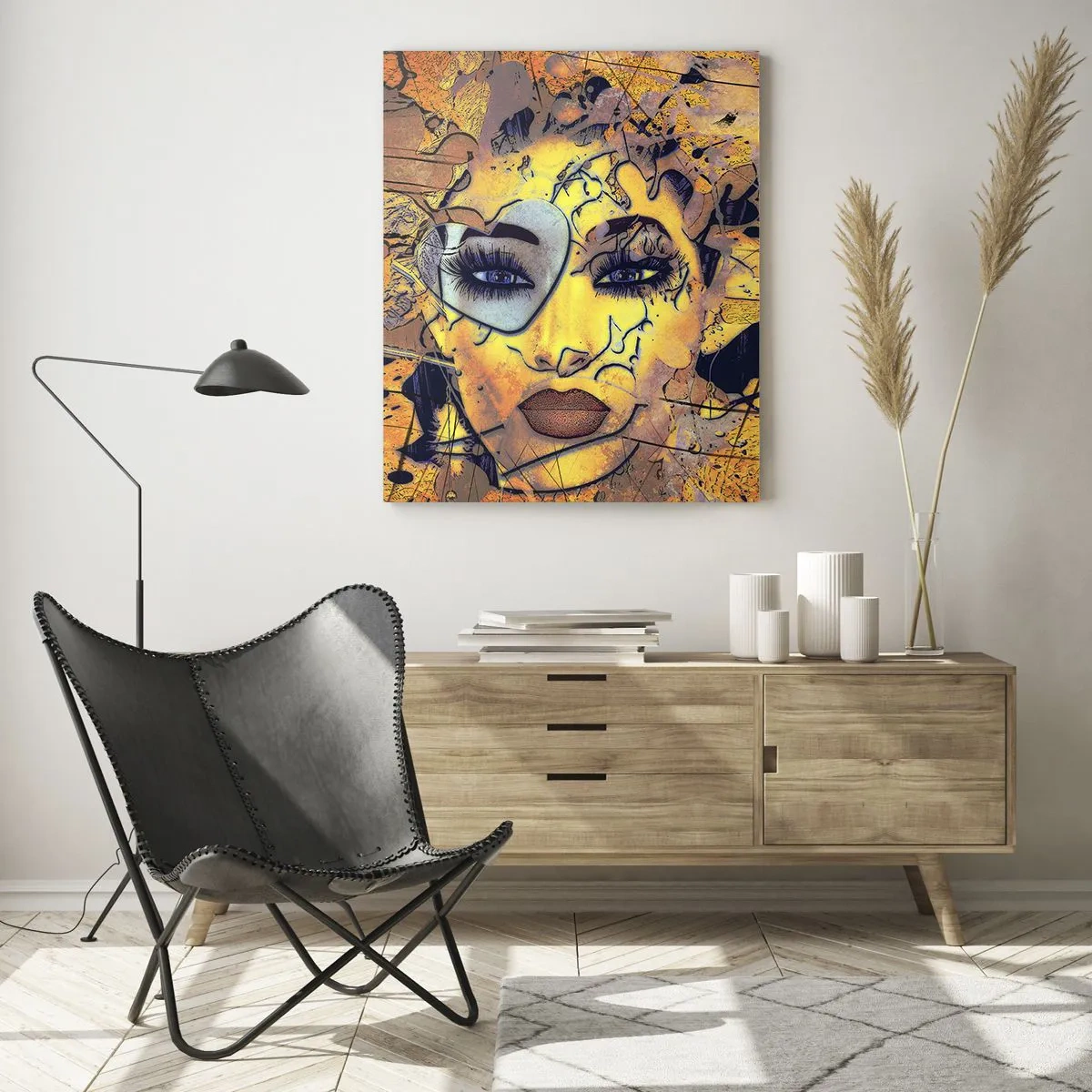 Glasbild - Bild auf glas - Abstraktes Frauenporträt in goldgelben Tönen - 80x120cm - Sonnige Schönheit - Moderne Wanddekoration für Wohnzimmer und Schlafzimmer ARTTOR