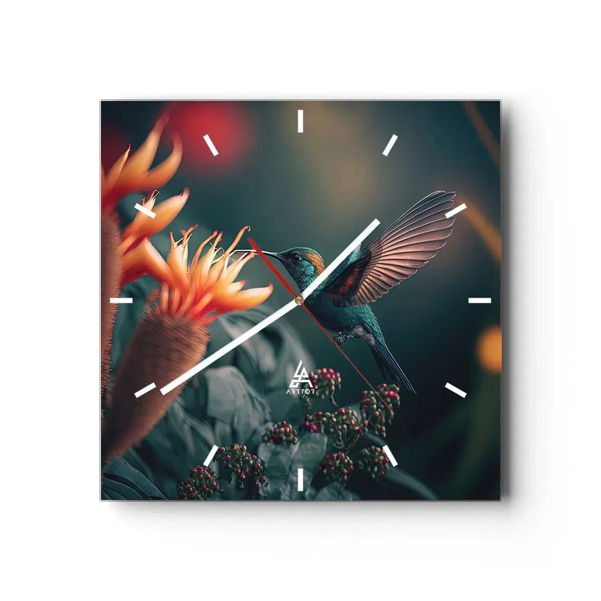 Wanduhr - Glasuhr - Ein bunter Kolibri neben Blumen vor einem natürlichen Hintergrund - 30x30cm - Wirklich buntes Leben - Moderne Wanddekoration für Wohnzimmer und Schlafzimmer ARTTOR