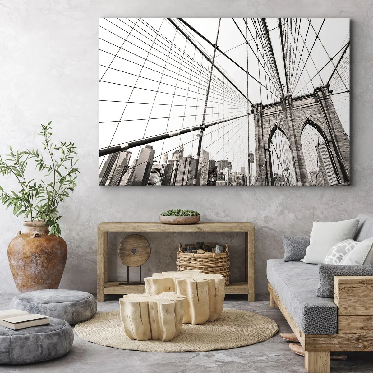 Bild auf Leinwand - Leinwandbild - Die Brooklyn Bridge in Schwarzweiß - 120x80cm - New Yorker Kathedrale - Moderne Wanddekoration für Wohnzimmer und Schlafzimmer ARTTOR