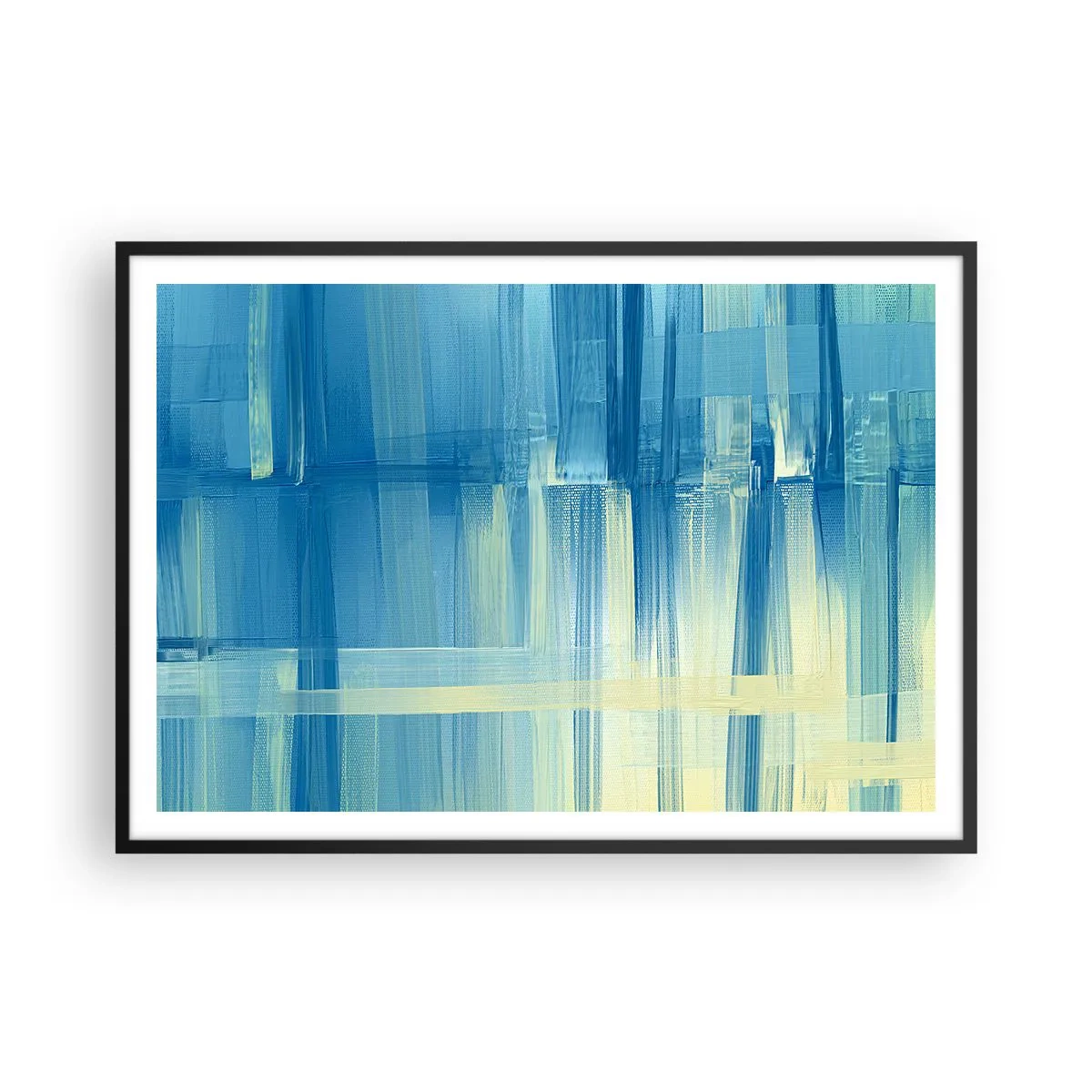 Poster in einem schwarzem Rahmen - Ein abstraktes Gemälde in Türkis- und Blautönen mit geometrischen Pinselstrichen. - 100x70cm - Komposition in Türkis - Moderne Wanddekoration für Wohnzimmer und Schlafzimmer ARTTOR