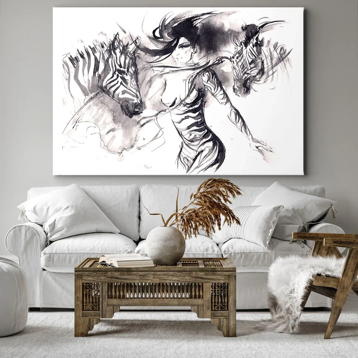 Bild auf Leinwand - Leinwandbild - Eine Frau in einem dynamischen Tanz mit Zebras in einer Schwarz-Weiß-Ästhetik - 100x70cm - Tanzen mit den Zebras - Moderne Wanddekoration für Wohnzimmer und Schlafzimmer ARTTOR