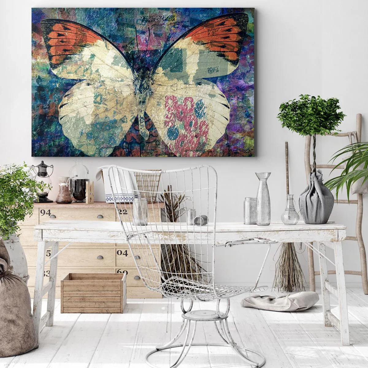 Bild auf Leinwand - Leinwandbild - Schmetterling in einem abstrakten künstlerischen Hintergrund mit bunten Details - 70x50cm - Subtile Zerbrechlichkeit - Moderne Wanddekoration für Wohnzimmer und Schlafzimmer ARTTOR