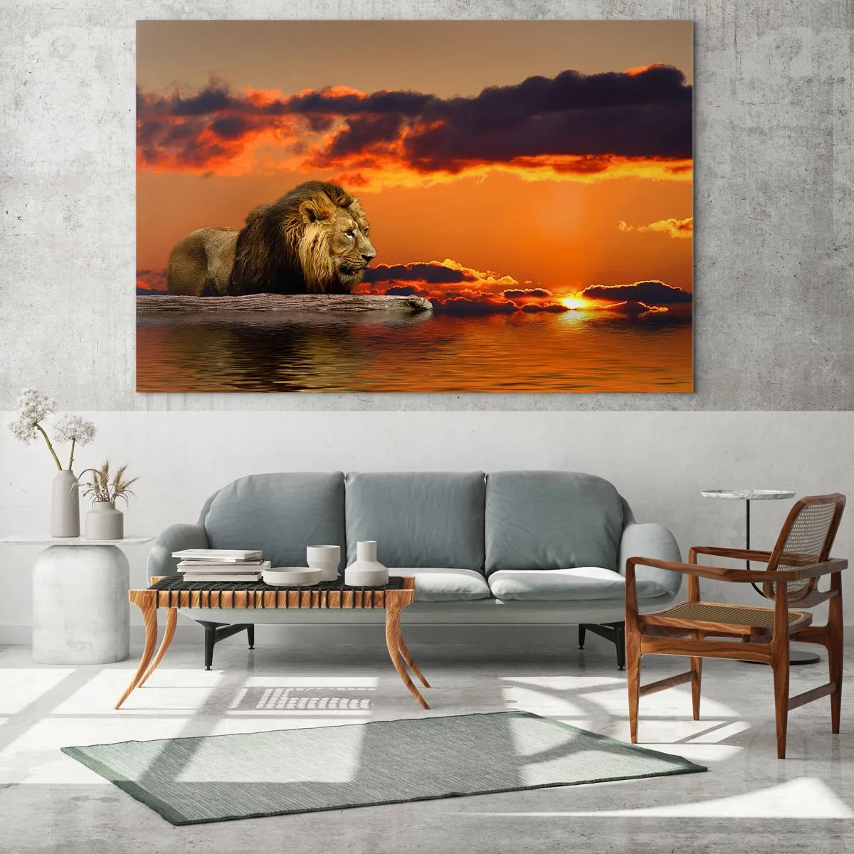 Glasbild - Bild auf glas - Ein Löwe vor dem Hintergrund der untergehenden Sonne - 70x50cm - König der Natur - Moderne Wanddekoration für Wohnzimmer und Schlafzimmer ARTTOR