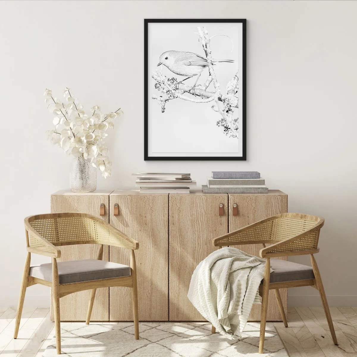 Poster in einem schwarzem Rahmen - Schwarz-weiße Zeichnung eines Vogels auf einem Ast - 50x70cm - Wintermorgen - Moderne Wanddekoration für Wohnzimmer und Schlafzimmer ARTTOR