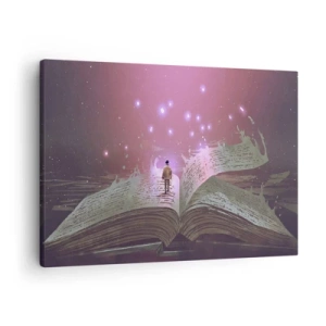 Bild auf Leinwand - Leinwandbild - Eine Figur tritt in einem magischen Licht auf ein offenes Buch. - 70x50cm - Einladung in eine andere Welt - lesen Sie! - Moderne Wanddekoration für Wohnzimmer und Schlafzimmer ARTTOR