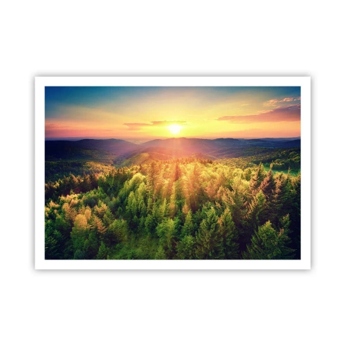 Poster - Waldlandschaft mit Sonnenuntergang über den Hügeln - 100x70cm - Scheitelpunkte und Spitzen - Moderne Wanddekoration für Wohnzimmer und Schlafzimmer ARTTOR