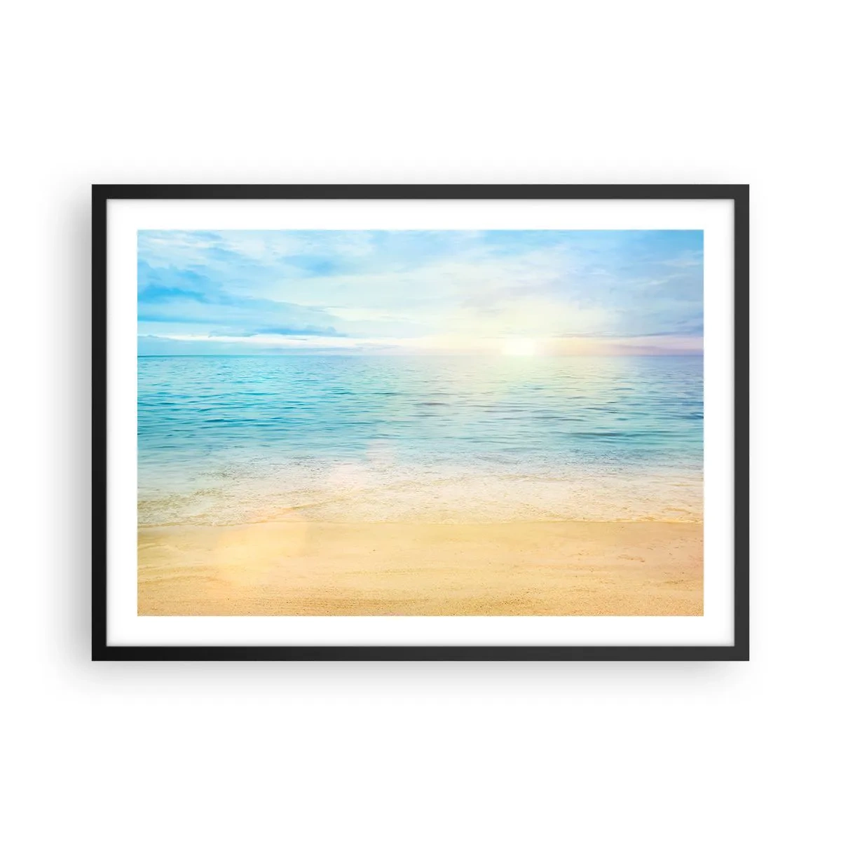 Poster in einem schwarzem Rahmen - Ein Strand mit türkisfarbenem Meer und klarem Himmel - 70x50cm - Großes Blau - Moderne Wanddekoration für Wohnzimmer und Schlafzimmer ARTTOR