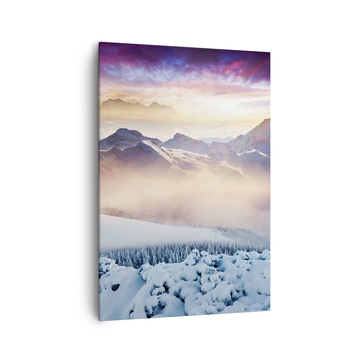 Bild auf Leinwand - Leinwandbild - Schneebedeckte Berge im Morgengrauen mit einem farbenfrohen Himmel - 70x100cm - Die Kraft und Reinheit der Natur - Moderne Wanddekoration für Wohnzimmer und Schlafzimmer ARTTOR