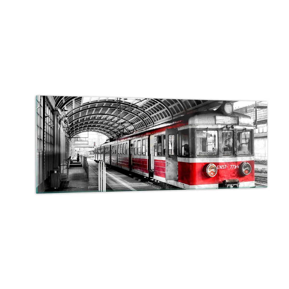 Glasbild - Bild auf glas - Roter Zug am Bahnhof unter einem Dach - 140x50cm - Vielleicht ist es eine Reise Ihres Lebens? - Moderne Wanddekoration für Wohnzimmer und Schlafzimmer ARTTOR