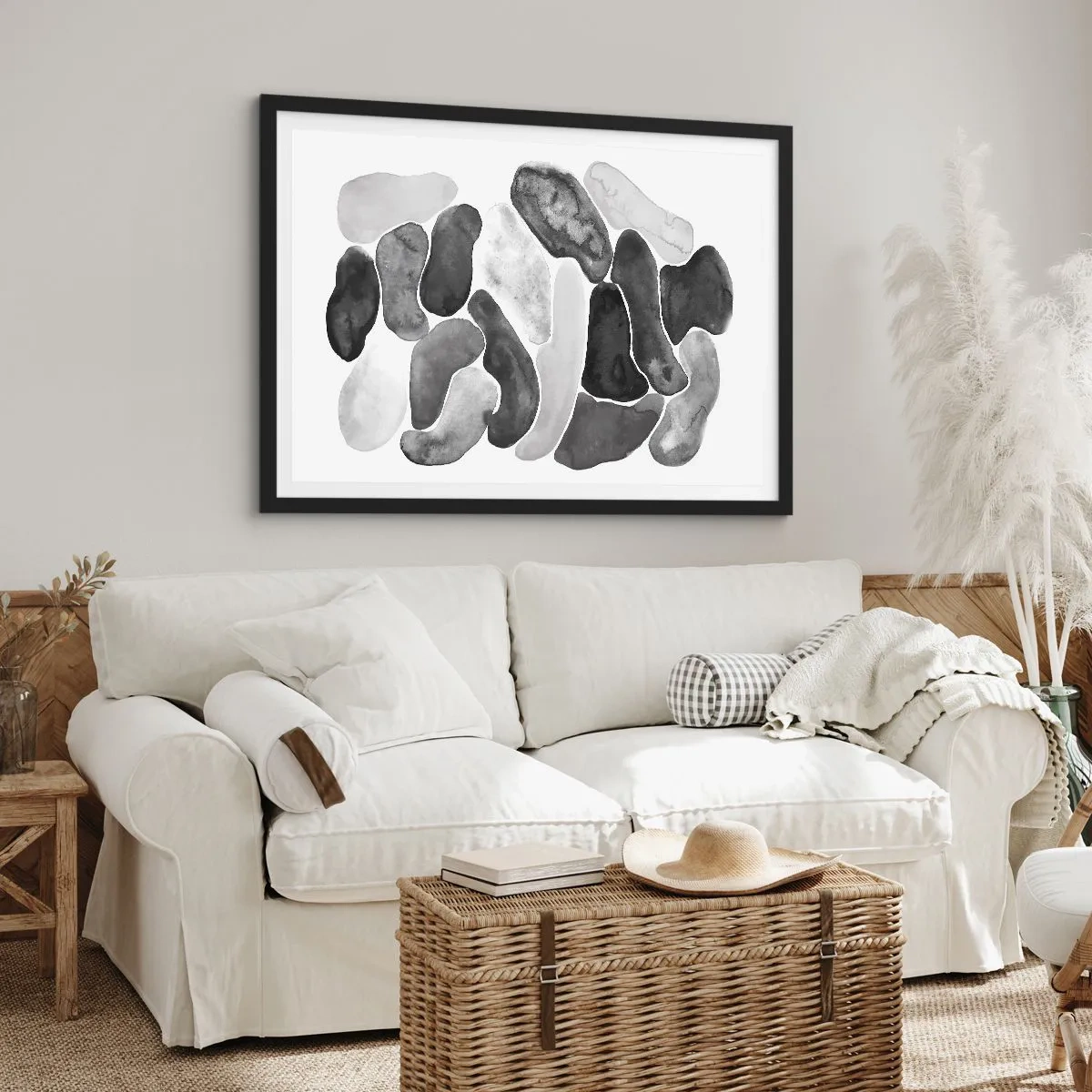 Poster in einem schwarzem Rahmen - Schwarz-weiße Abstraktion mit unregelmäßigen Flecken auf weißem Hintergrund - 70x50cm - Felsige Abstraktion - Moderne Wanddekoration für Wohnzimmer und Schlafzimmer ARTTOR
