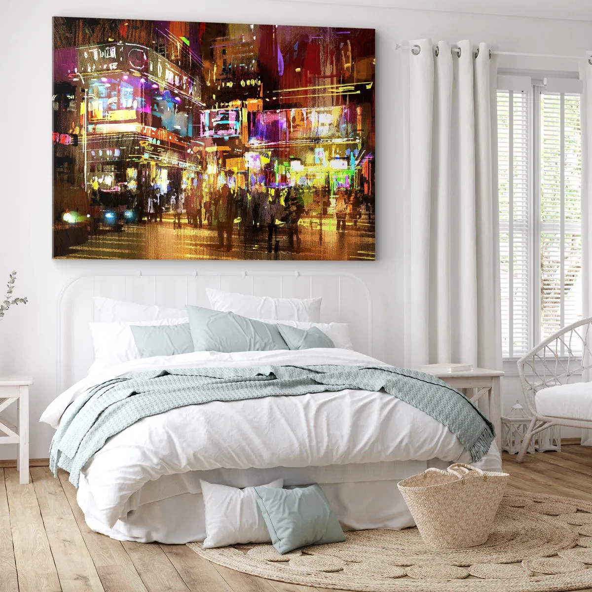 Bild auf Leinwand - Leinwandbild - Eine pulsierende Stadt bei Nacht im Neonlicht - 70x50cm - In einem Lichtermeer - Moderne Wanddekoration für Wohnzimmer und Schlafzimmer ARTTOR