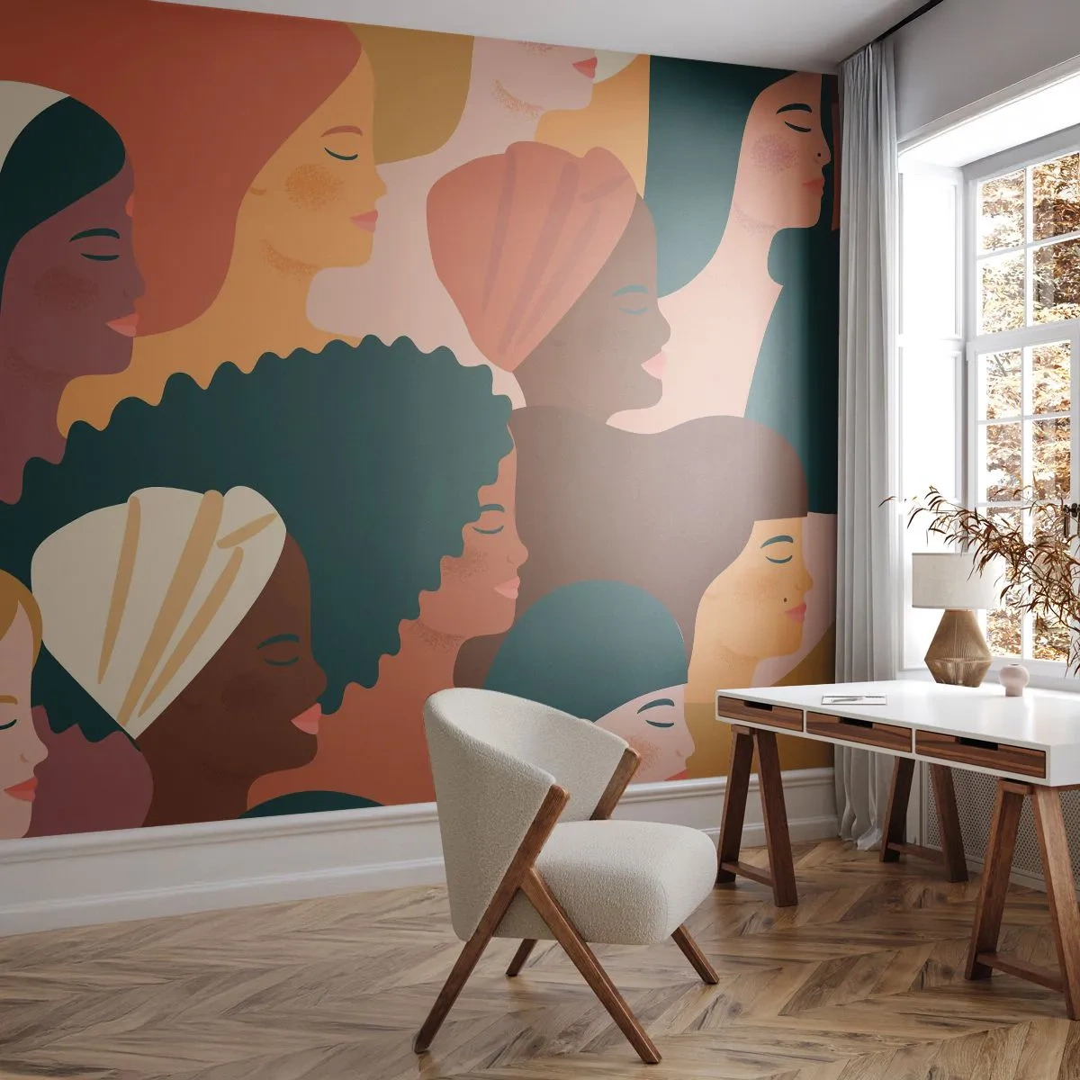 Fototapete Premium Sand - Stilvolle Illustration von Frauen in verschiedenen Farben - 100x70cm - Nur Weiblichkeit - Moderne Wanddekoration für Wohnzimmer und Schlafzimmer ARTTOR