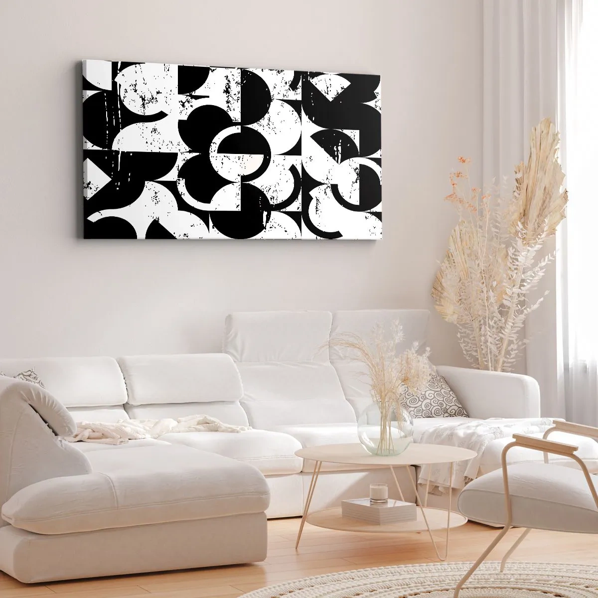 Bild auf Leinwand - Leinwandbild - Abstraktes schwarz-weißes geometrisches Muster mit Vintage-Effekt - 140x50cm - Weiß ist weiß und schwarz ist schwarz - Moderne Wanddekoration für Wohnzimmer und Schlafzimmer ARTTOR