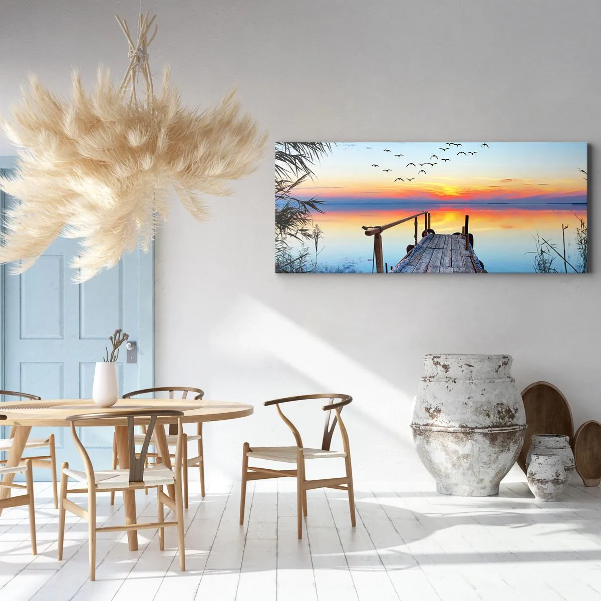 Bild auf Leinwand - Leinwandbild - Holzsteg über dem See bei Sonnenuntergang - 140x50cm - Es ist Zeit, zurückzukehren ... - Moderne Wanddekoration für Wohnzimmer und Schlafzimmer ARTTOR