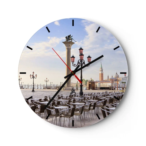 Wanduhr - Glasuhr - Venezianischer Platz mit Laternen und Blick auf den Turm im Hintergrund - 30x30cm - Wir laden Sie ein, alles ist bereit - Moderne Wanddekoration für Wohnzimmer, Küche und Schlafzimmer ARTTOR