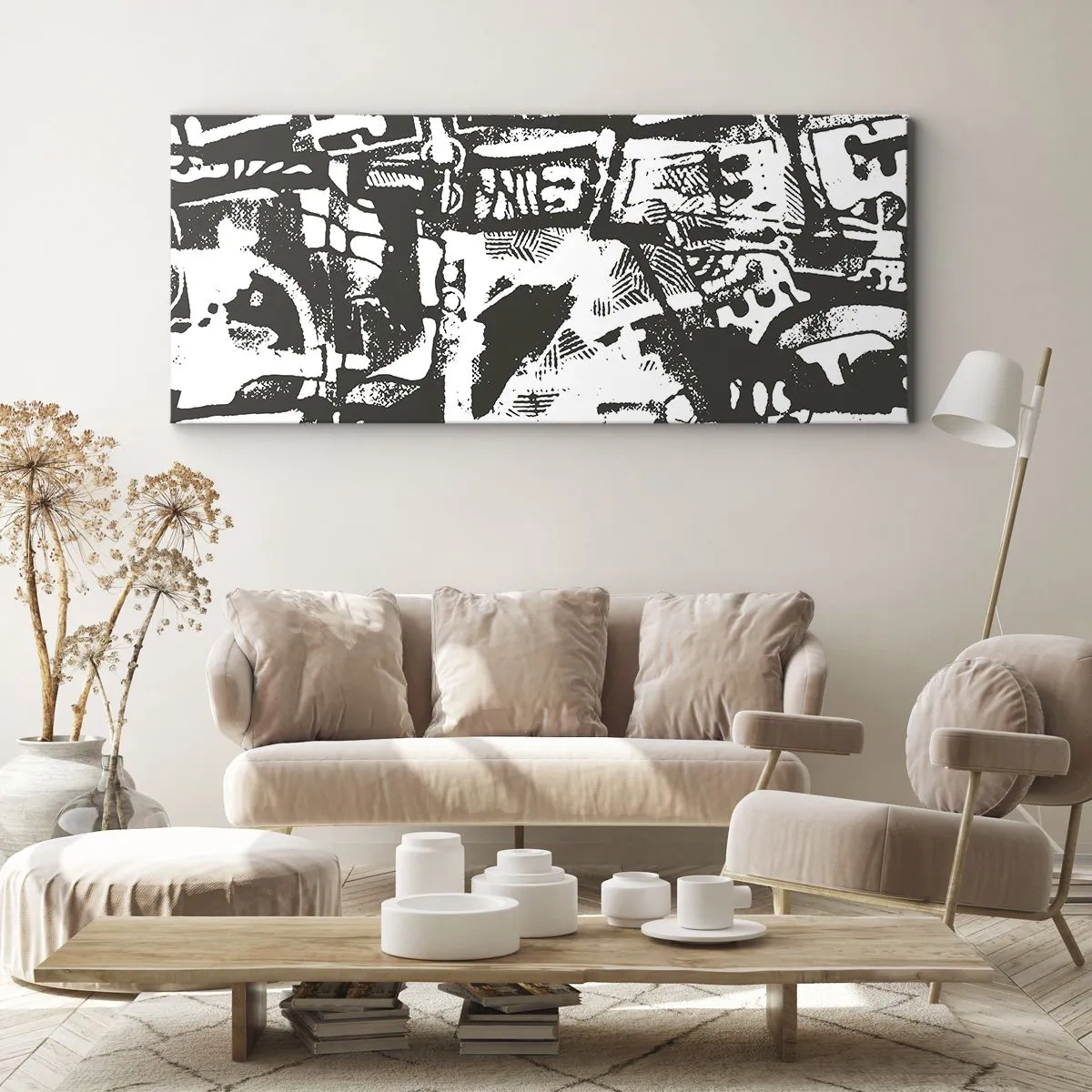 Bild auf Leinwand - Leinwandbild - Abstraktes monochromes Retro-Muster - 160x50cm - Ordnung oder Chaos? - Moderne Wanddekoration für Wohnzimmer und Schlafzimmer ARTTOR