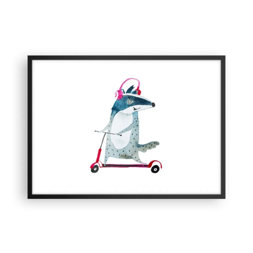 Poster in einem schwarzem Rahmen - Dachs auf einem Roller mit rosa Kopfhörern - 70x50cm - Dachsfreude - Moderne Wanddekoration für Wohnzimmer und Schlafzimmer ARTTOR