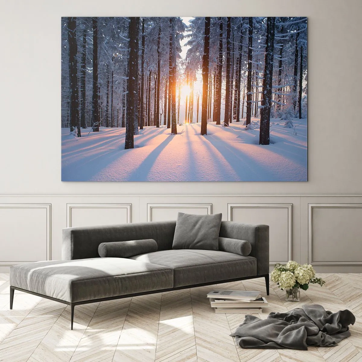 Glasbild - Bild auf glas - Winterwald mit Sonnenstrahlen, die durch die Bäume scheinen - 120x80cm - Ganz klar schwarz auf weiß - Moderne Wanddekoration für Wohnzimmer und Schlafzimmer ARTTOR