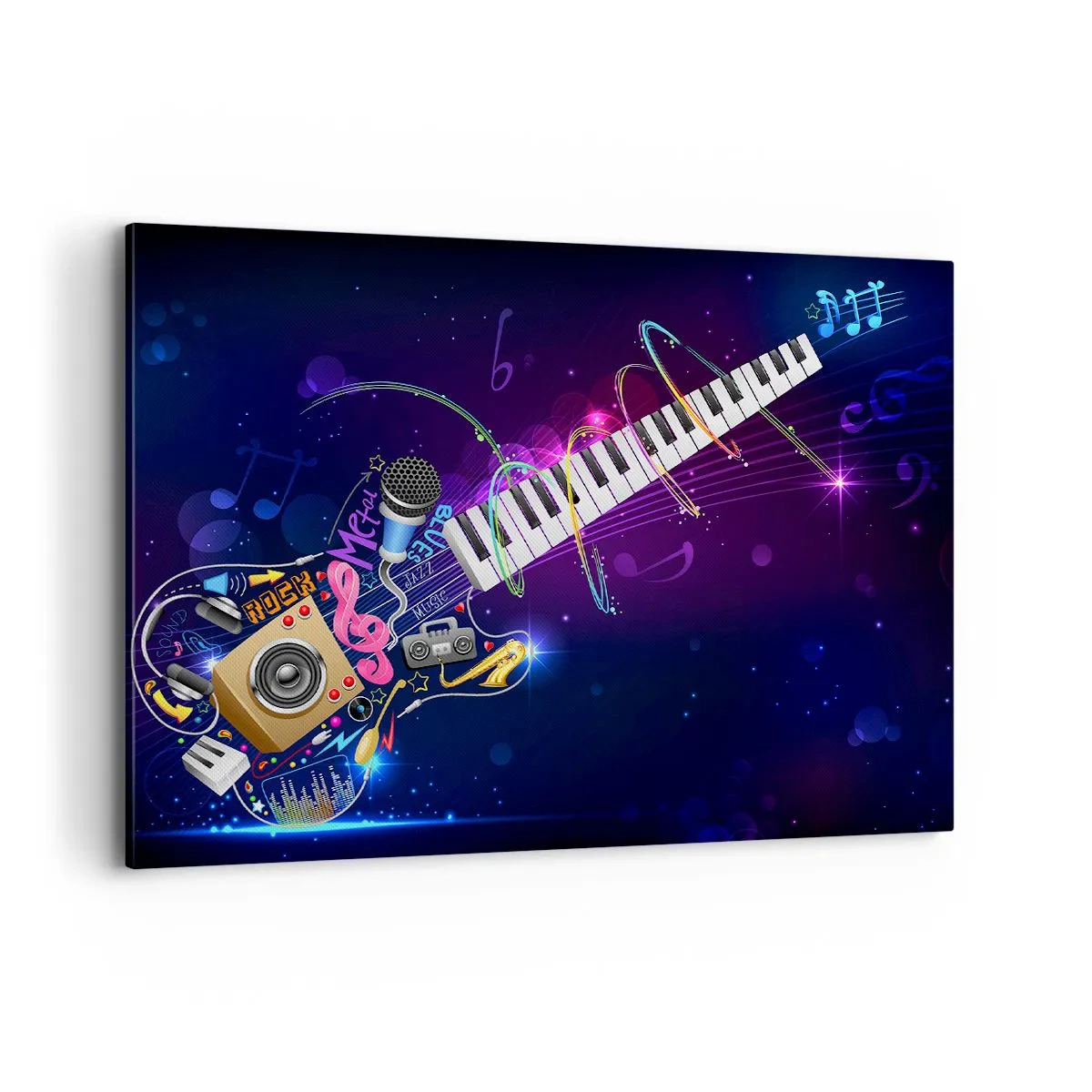 Bild auf Leinwand - Leinwandbild - Eine bunte Gitarre mit Keyboard und Mikrofon auf dunklem Hintergrund. - 100x70cm - Und alles ist gut - Moderne Wanddekoration für Wohnzimmer und Schlafzimmer ARTTOR