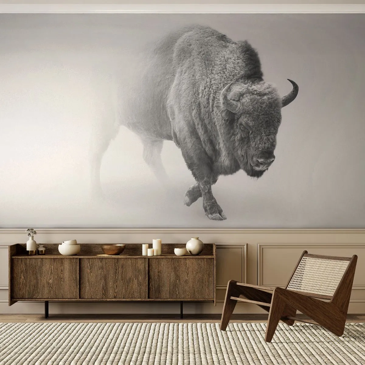 Fototapete Premium Sand - Ein Schwarzweißbild eines Bisons, umgeben von Nebel. - 100x70cm - König der Prärie - Moderne Wanddekoration für Wohnzimmer und Schlafzimmer ARTTOR