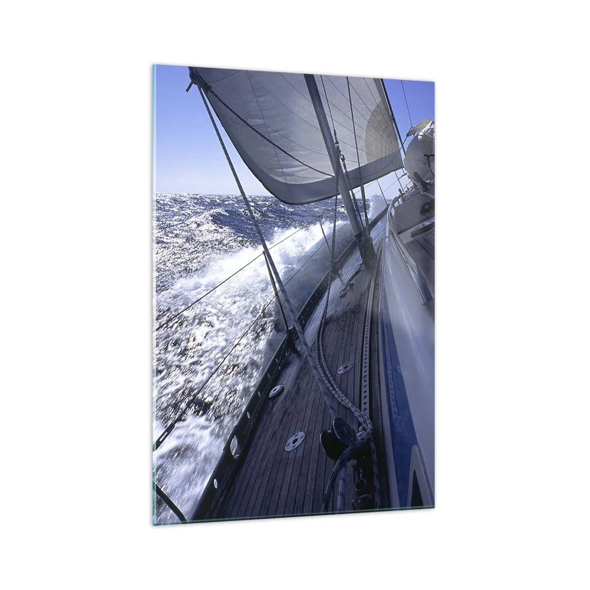 Glasbild - Bild auf glas - Ein Segelboot in stürmischer See mit weißen Segeln und einem Holzdeck. - 70x100cm - Ich weiß was es heißt ein Vogel zu sein - Moderne Wanddekoration für Wohnzimmer und Schlafzimmer ARTTOR