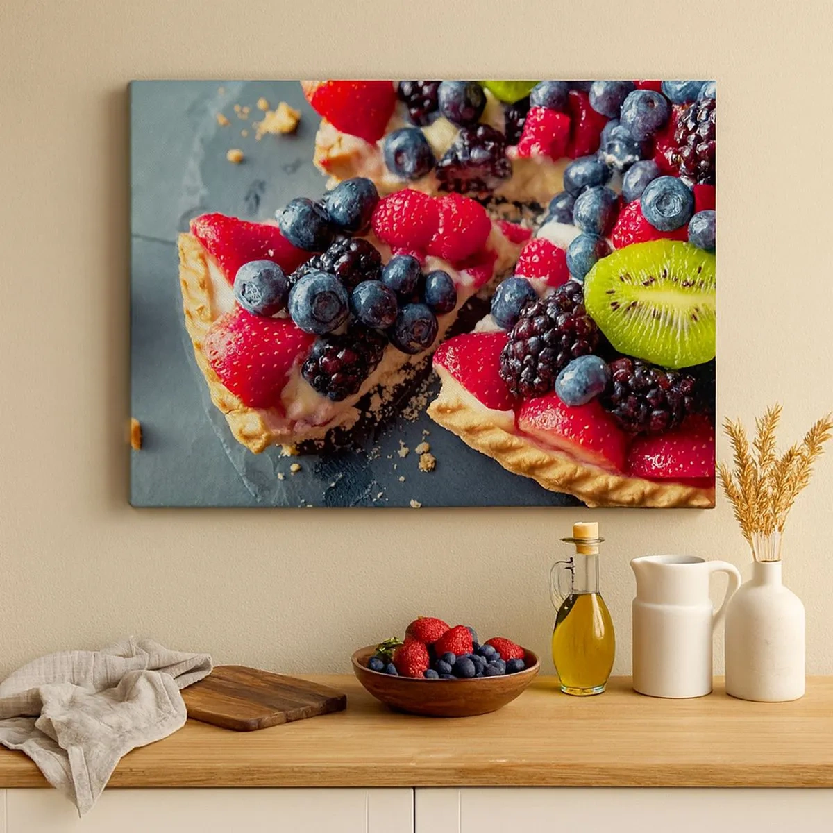Bild auf Leinwand - Leinwandbild - Bunte Tarte mit Früchten und Sahne - 70x50cm - Dolce Vita! - Moderne Wanddekoration für Wohnzimmer und Schlafzimmer ARTTOR