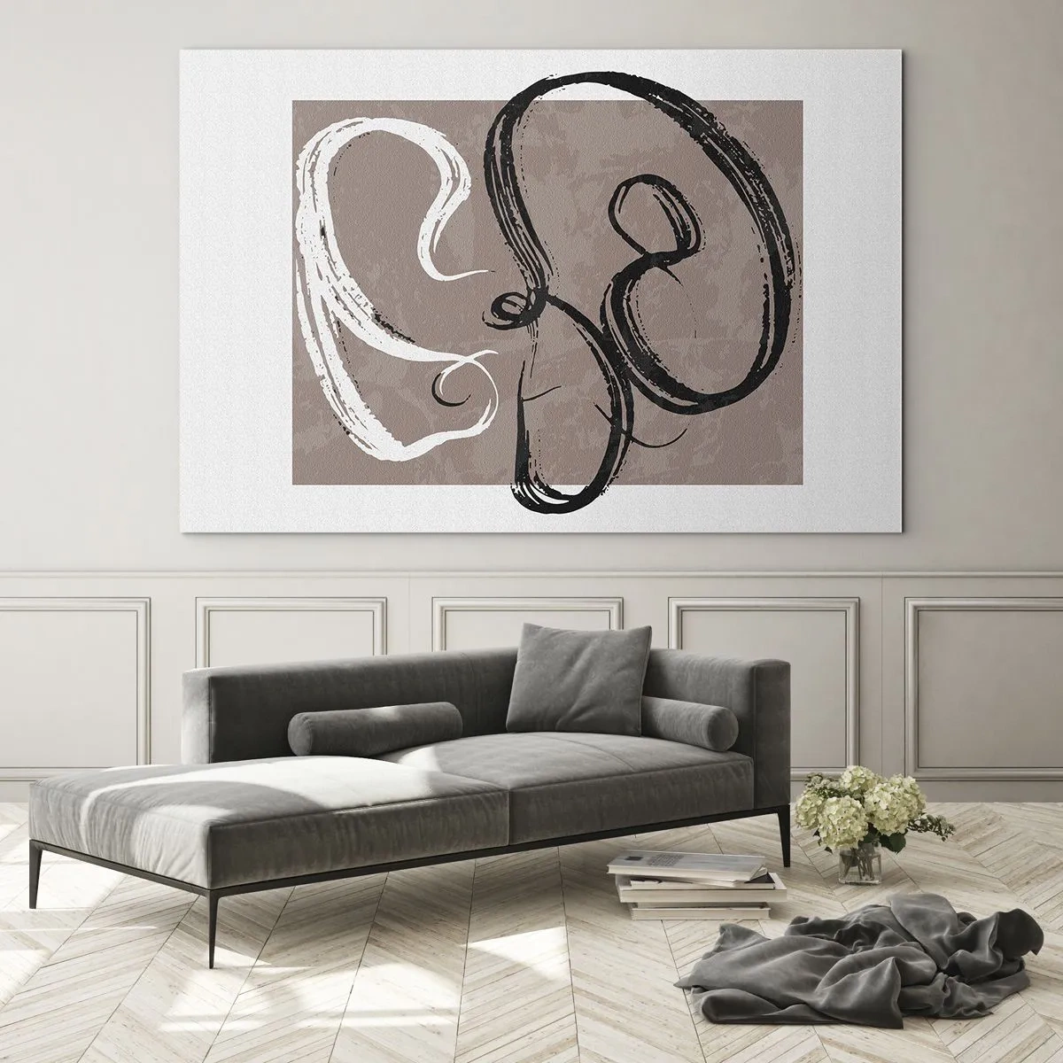 Glasbild - Bild auf glas - Dynamische Pinselstriche in Schwarz und Weiß auf beigem Hintergrund. - 70x50cm - Komposition – die Suche nach Fülle - Moderne Wanddekoration für Wohnzimmer und Schlafzimmer ARTTOR