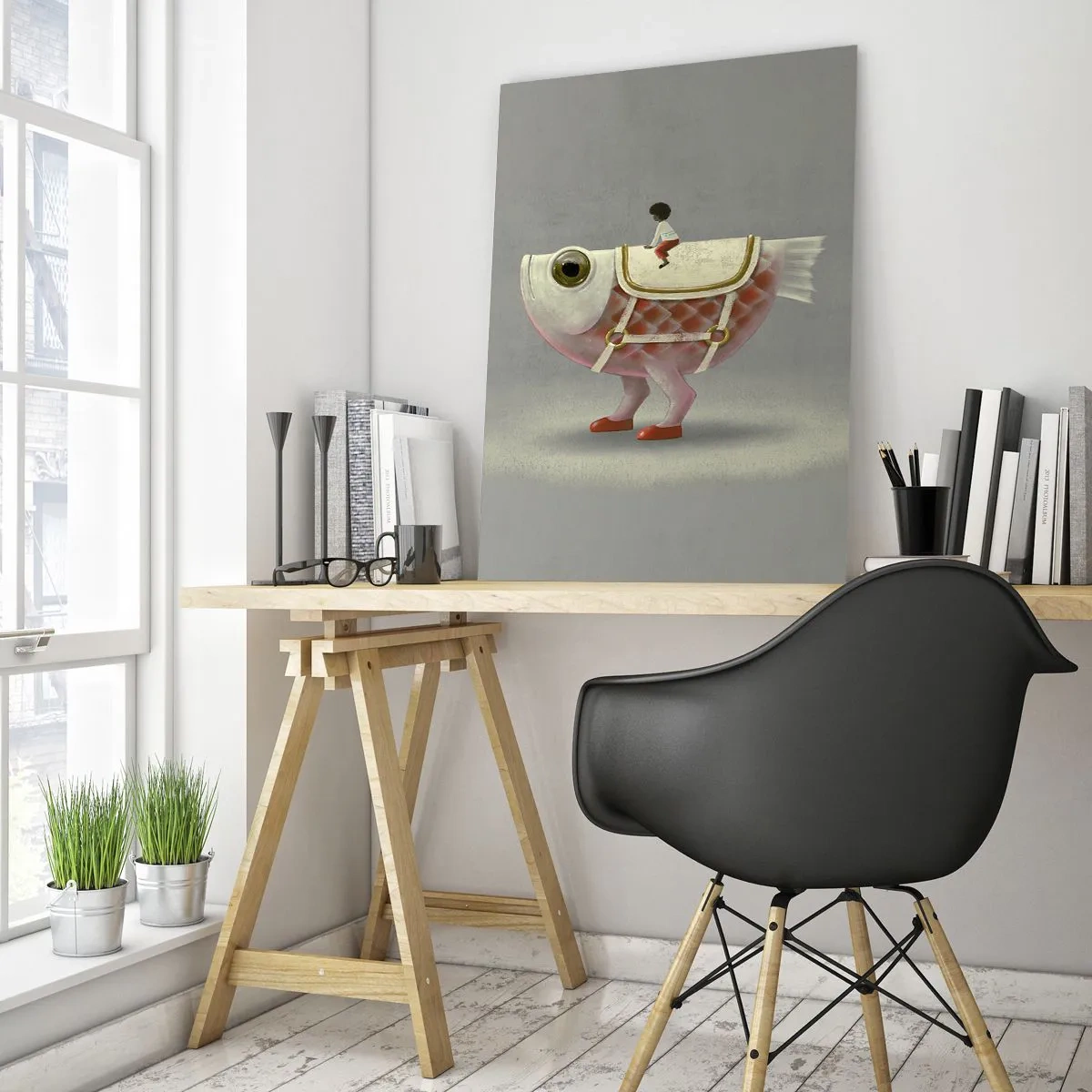 Glasbild - Bild auf glas - Ein schicker Fischreiter mit Beinen und Sattel - 80x120cm - Reiter auf einem surrealen Fisch - Moderne Wanddekoration für Wohnzimmer und Schlafzimmer ARTTOR
