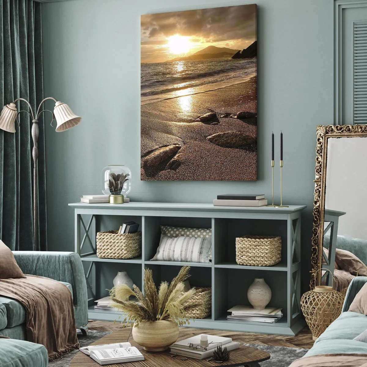 Bild auf Leinwand - Leinwandbild - Strand bei Sonnenuntergang mit Steinen am Ufer - 80x120cm - Folge der Sonne zu den Hügeln - Moderne Wanddekoration für Wohnzimmer und Schlafzimmer ARTTOR