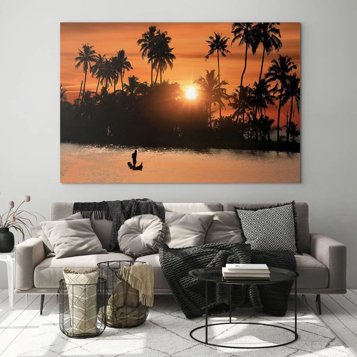 Glasbild - Bild auf glas - Tropische Landschaft mit Palmen und Sonnenuntergang über dem Fluss - 70x50cm - Zeit zum Entspannen - Moderne Wanddekoration für Wohnzimmer und Schlafzimmer ARTTOR