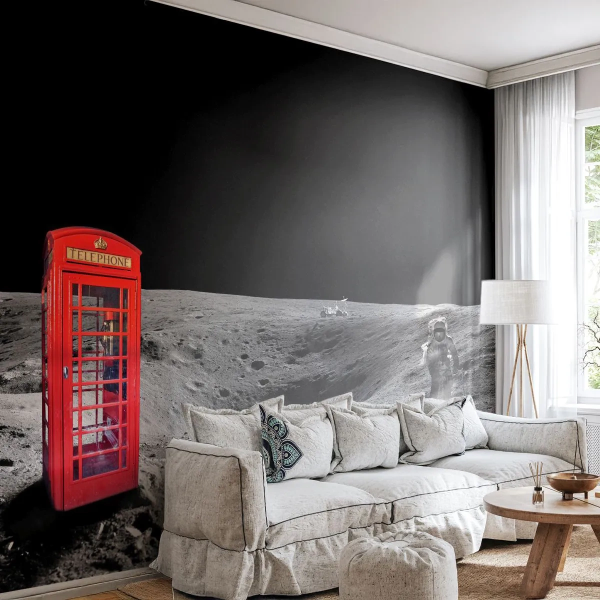 Fototapete Premium Canvas - Ein kosmischer Witz - Abstraktion, Mond, Astronaut - 300x210 cm