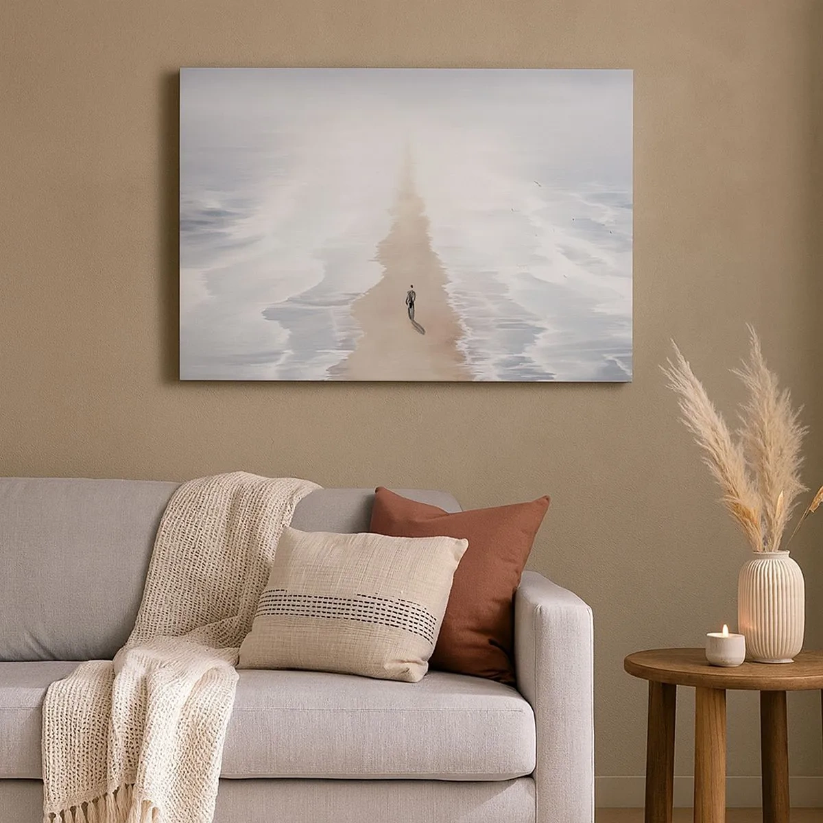 Bild auf Leinwand - Leinwandbild - Eine Figur auf einer einsamen Straße inmitten einer weiten Wasserlandschaft - 70x50cm - Glänzende Zukunft - Moderne Wanddekoration für Wohnzimmer und Schlafzimmer ARTTOR