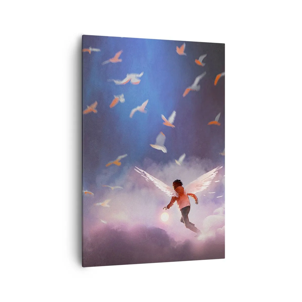 Bild auf Leinwand - Leinwandbild - Eine Figur mit Engelsflügeln, die zwischen Vögeln am Himmel schwebt - 70x100cm - Du brauchst Fantasie und Mut - Moderne Wanddekoration für Wohnzimmer und Schlafzimmer ARTTOR