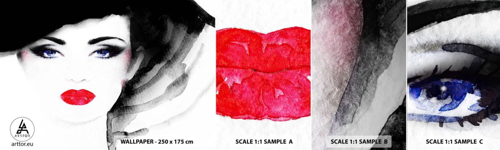 Fototapetenmuster Standard Eco - Er drückt zurück und ruft an - Das Gesicht einer Frau, rote Lippen, Blaue Augen - 100x30 cm