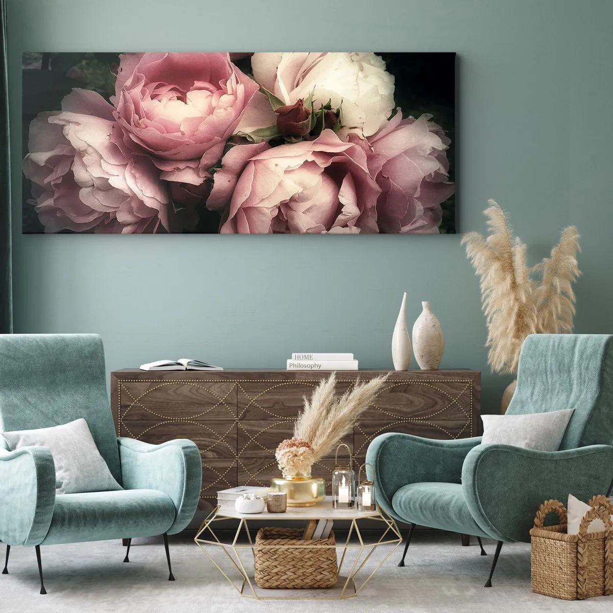 Bild auf Leinwand - Leinwandbild - Ein Strauß Rosen in zarten Rosa- und Weißtönen - 120x50cm - Der Charme der Belle Epoque - Moderne Wanddekoration für Wohnzimmer und Schlafzimmer ARTTOR